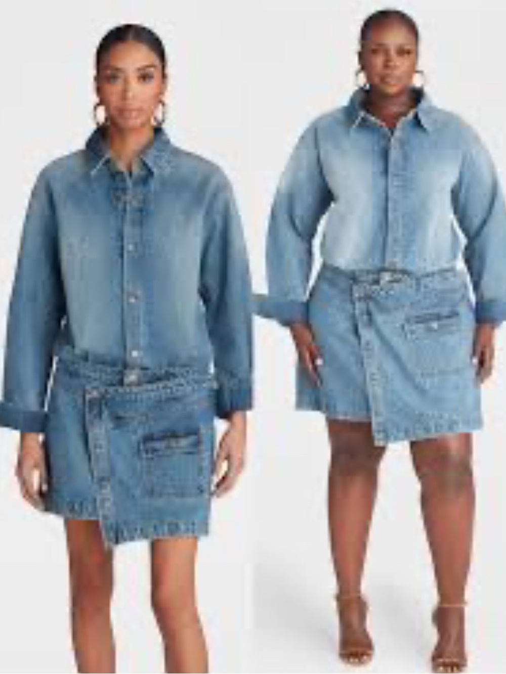 Denim Shirt Dress with Wrap Skirt - Blue
